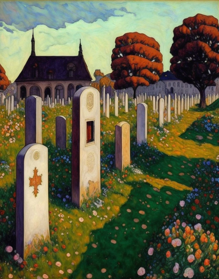 Vibrant cemetery painting with green grass, colorful flowers, orange trees, blue sky