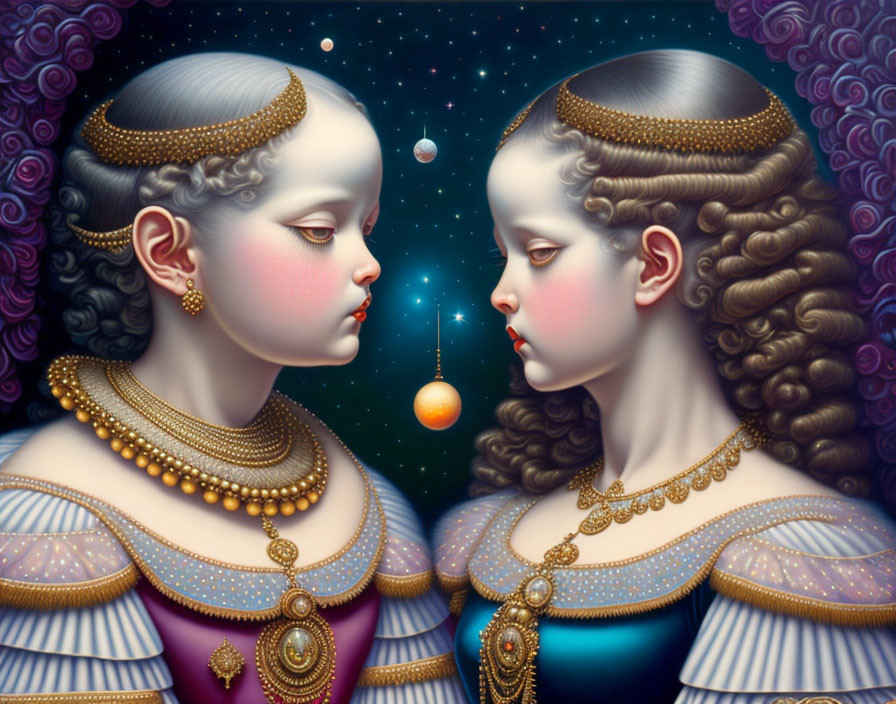 Surreal female figures with elaborate hairstyles and golden necklaces in cosmic setting