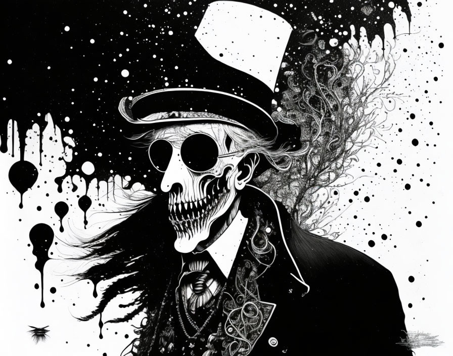 Monochromatic skeletal figure in vintage attire with top hat, surrounded by ink splatters and cosmic motifs