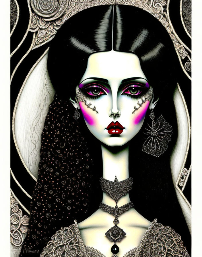 Gothic woman with dark hair and horn-like embellishments on black and white background