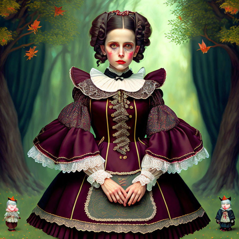 Pale girl in Victorian dress with gnomes in mystical forest