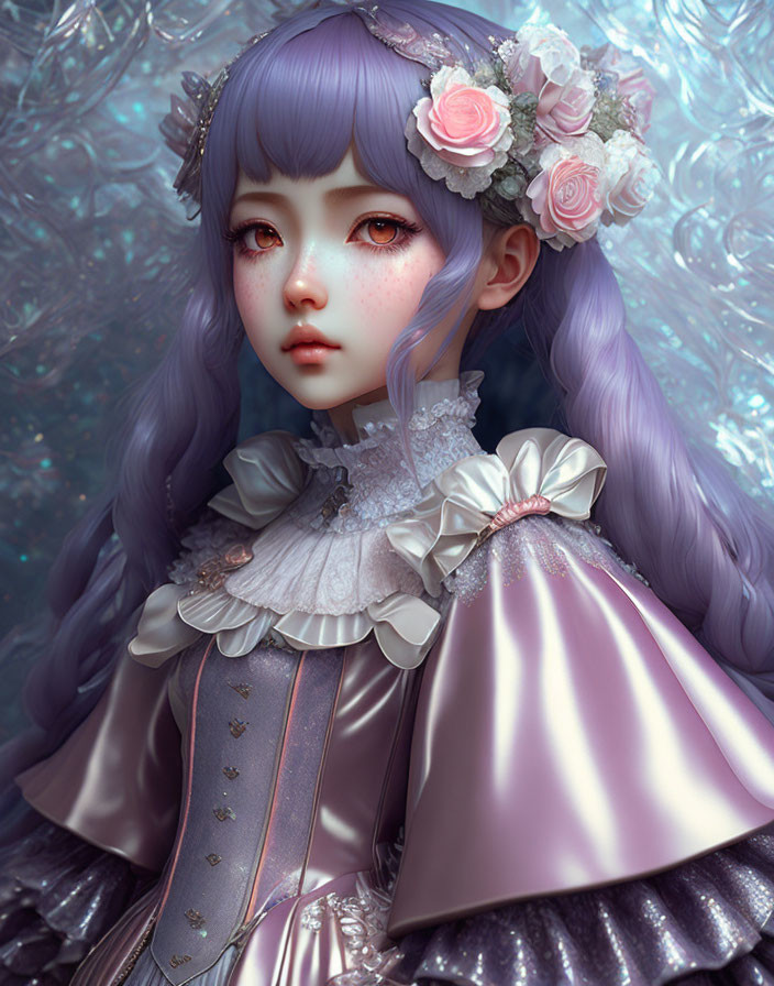 Girl with Lavender Hair in Victorian-style Dress with Floral Headpiece