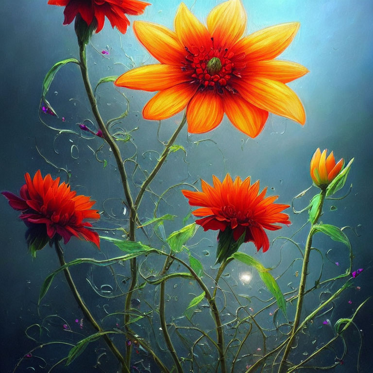 Orange Flowers Underwater Creating Bubbles in Blue Background