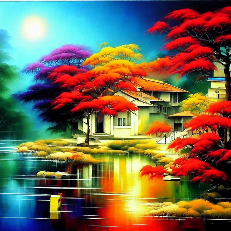 Colorful Traditional House Painting with Trees and Water Reflections