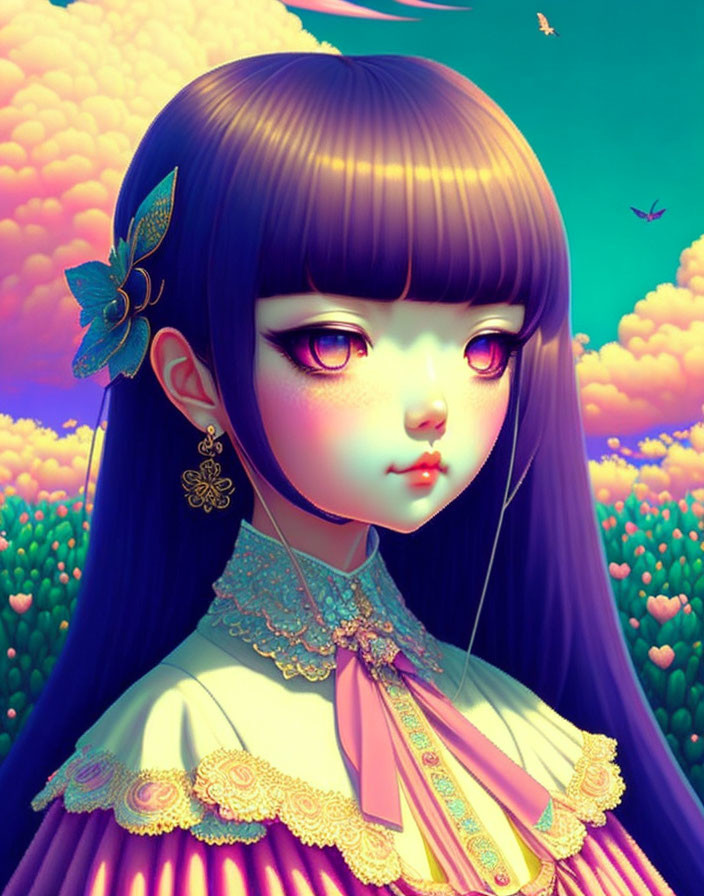 Colorful illustration of a girl with large eyes and purple hair in dreamy setting