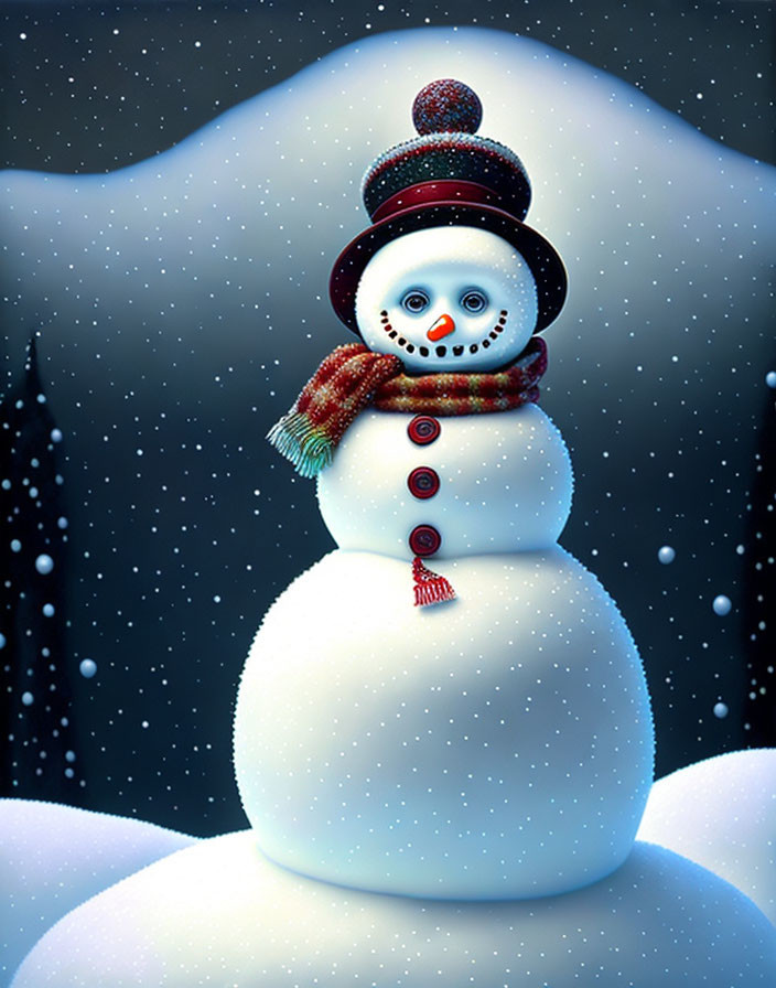 Snowman with striped scarf and top hat in gentle snowfall at night