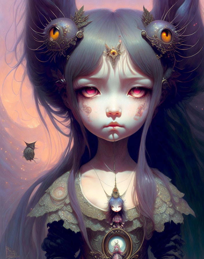 Fantasy illustration of girl with large eyes and ornate headgear, accompanied by hovering beetle.