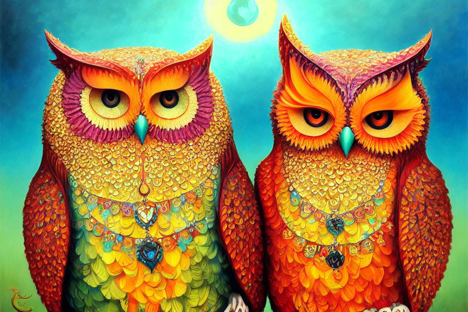 Colorful Stylized Owls with Jewel-Like Eyes on Teal Background