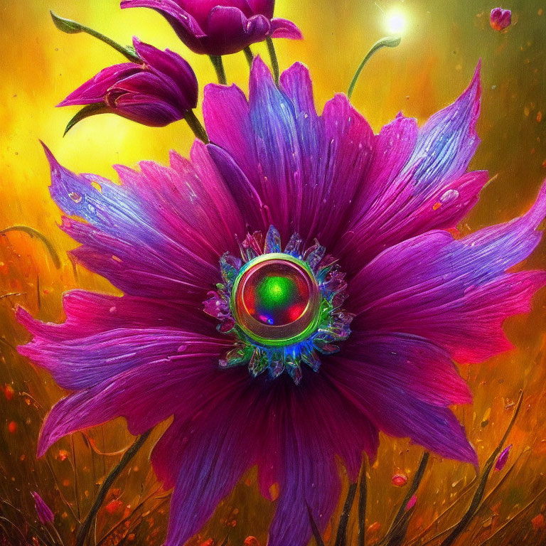 Colorful digital artwork: Purple flower with multicolored gem on golden background