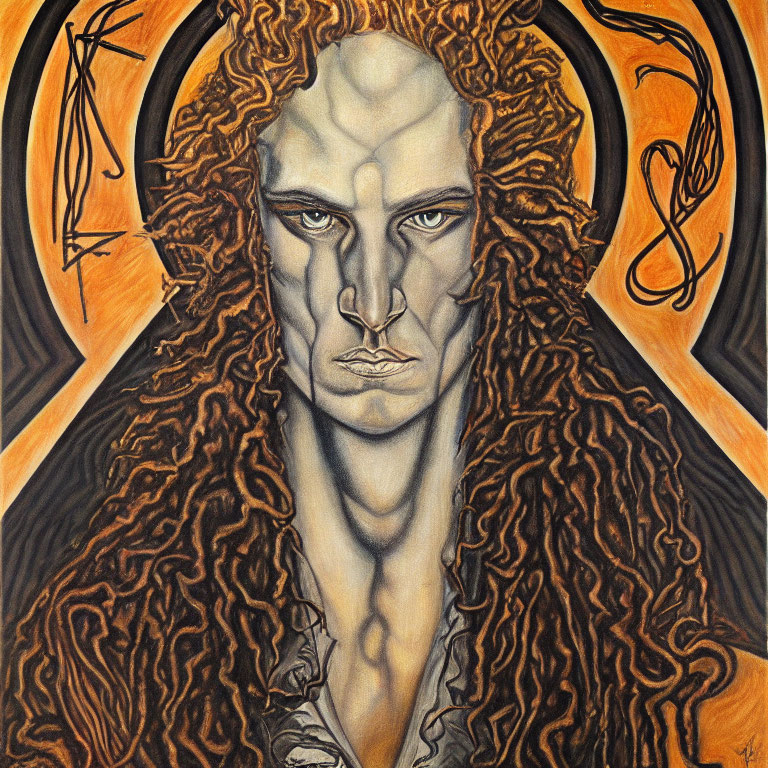 Portrait of a person with curly hair and pronounced features