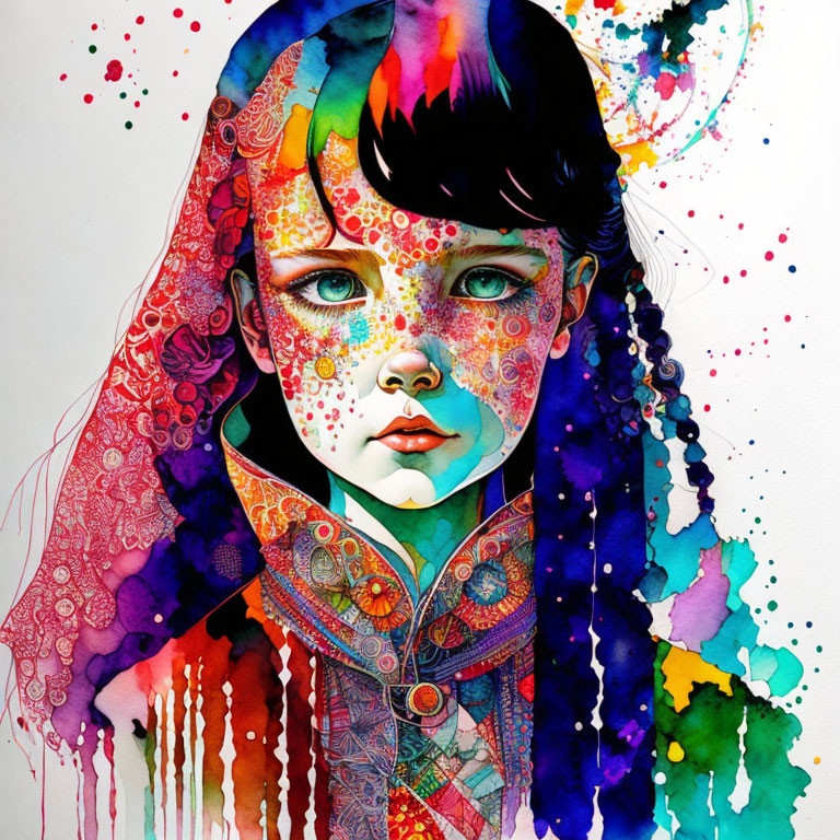 Colorful palette girl artwork with intricate patterns and dripping paint details