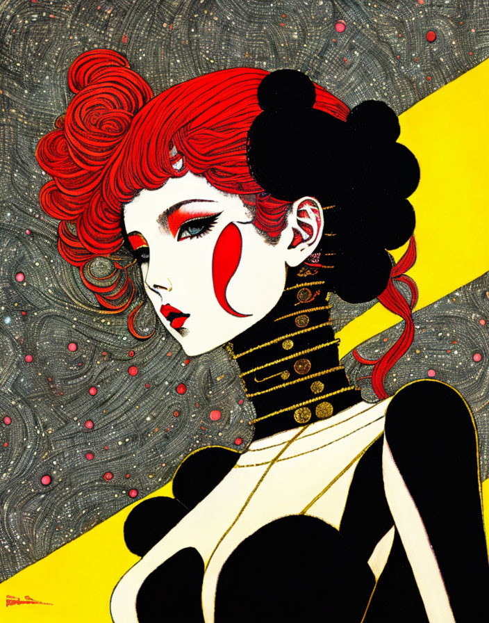 Stylized female figure with red hair and elaborate accessories on abstract background