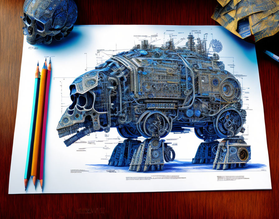 Detailed mechanical walker blueprint with colored pencils and spherical object on desk