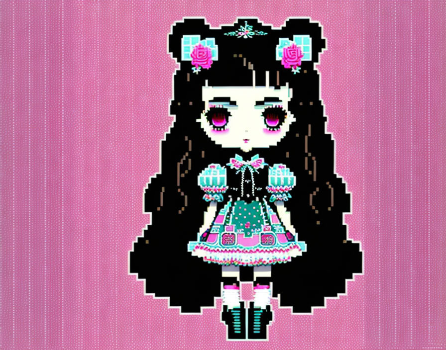 Girl in frilly dress with floral accents and twin bun hair in pixel art.