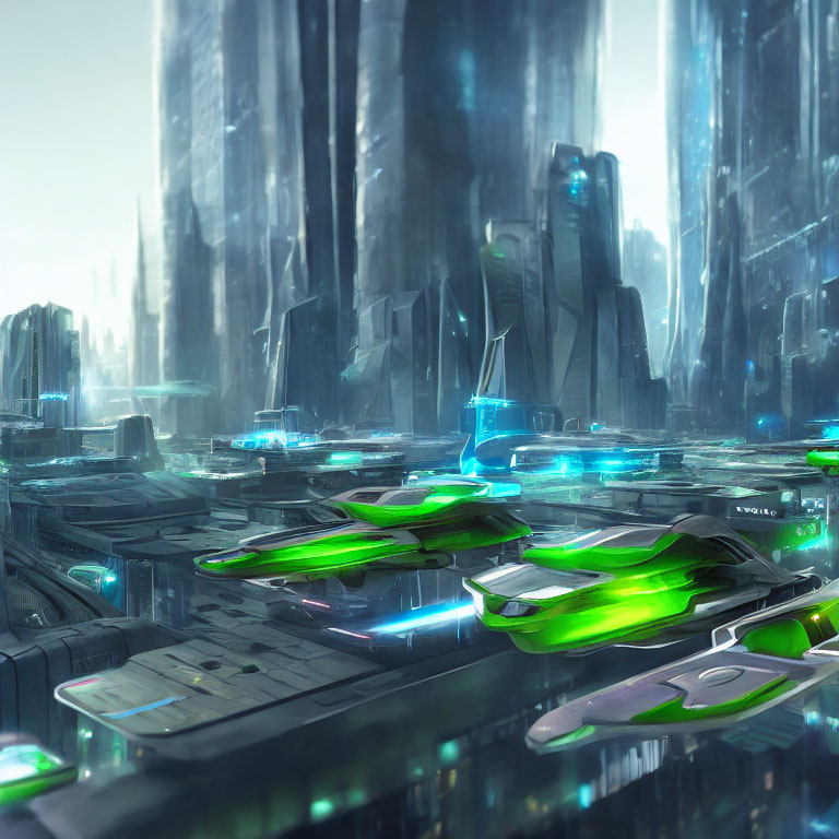 Futuristic cityscape with crystal skyscrapers and flying vehicles.