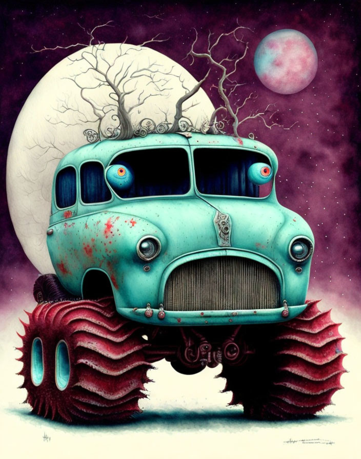 Blue vintage bus illustration with red wheels, tree on roof, against celestial backdrop