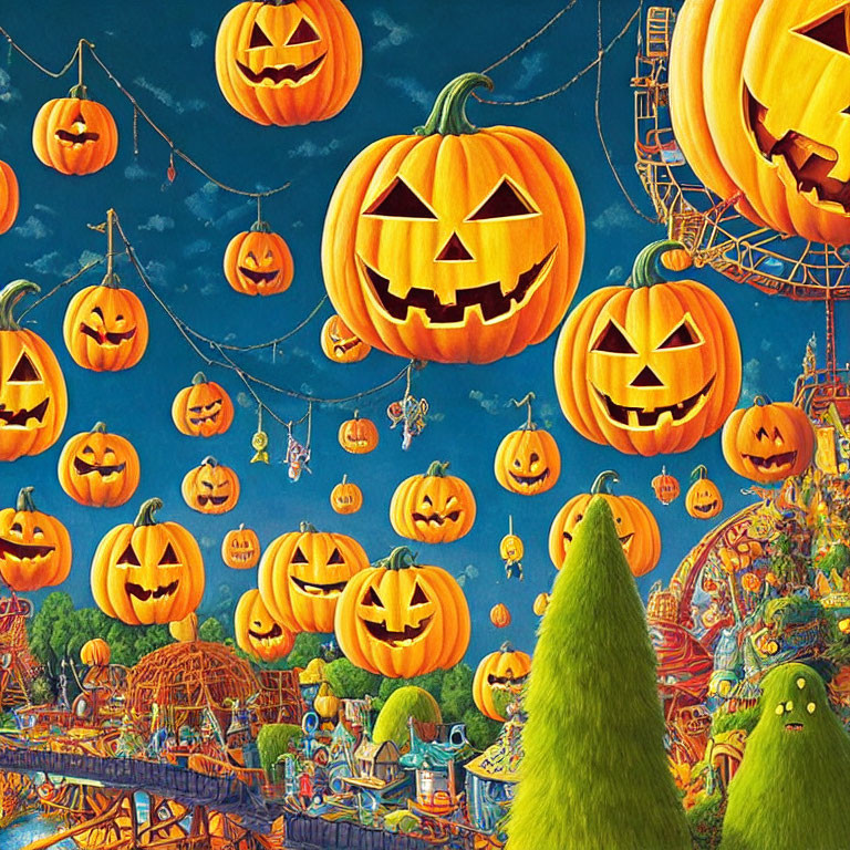 Colorful Halloween Illustration: Carved Pumpkins, Green Creatures, Amusement Park