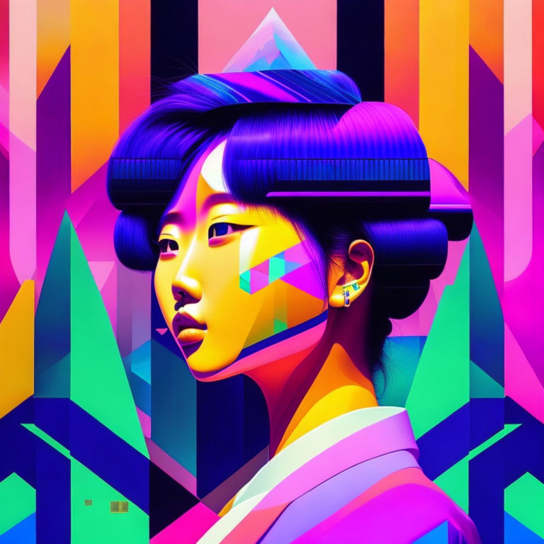 Colorful digital portrait of a woman with blue hair and geometric background shapes