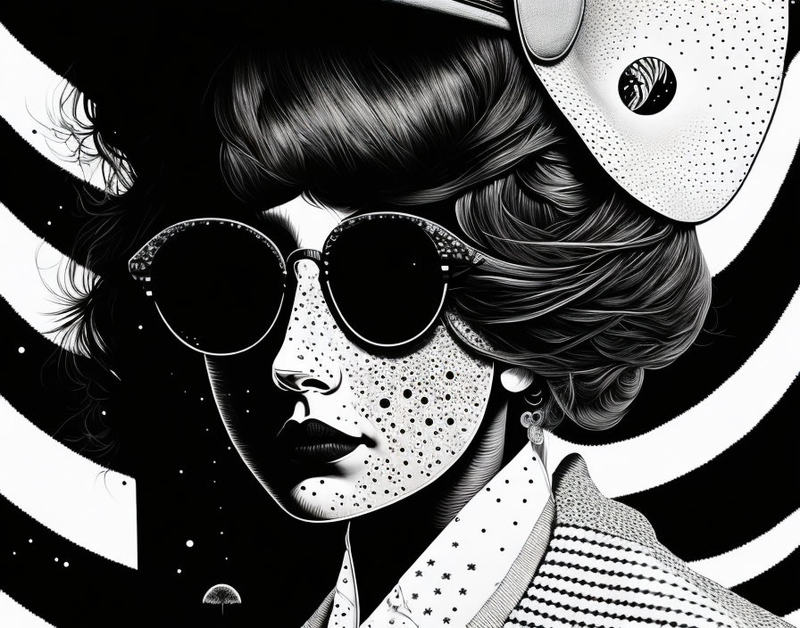 Monochrome illustration of a chic woman with wavy hair and round sunglasses, featuring cosmic and psychedelic motifs