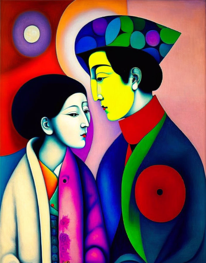 Colorful Stylized Couple Painting with Abstract Elements