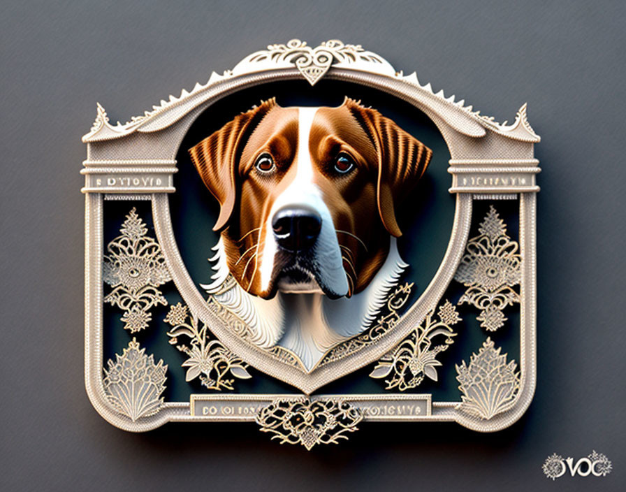 Detailed 3D brown and white dog paper art in ornate frame