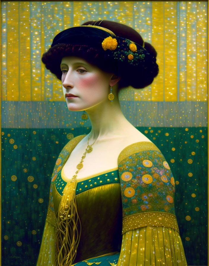 Vintage Woman in Art Nouveau Attire and Decorative Hat Portrait