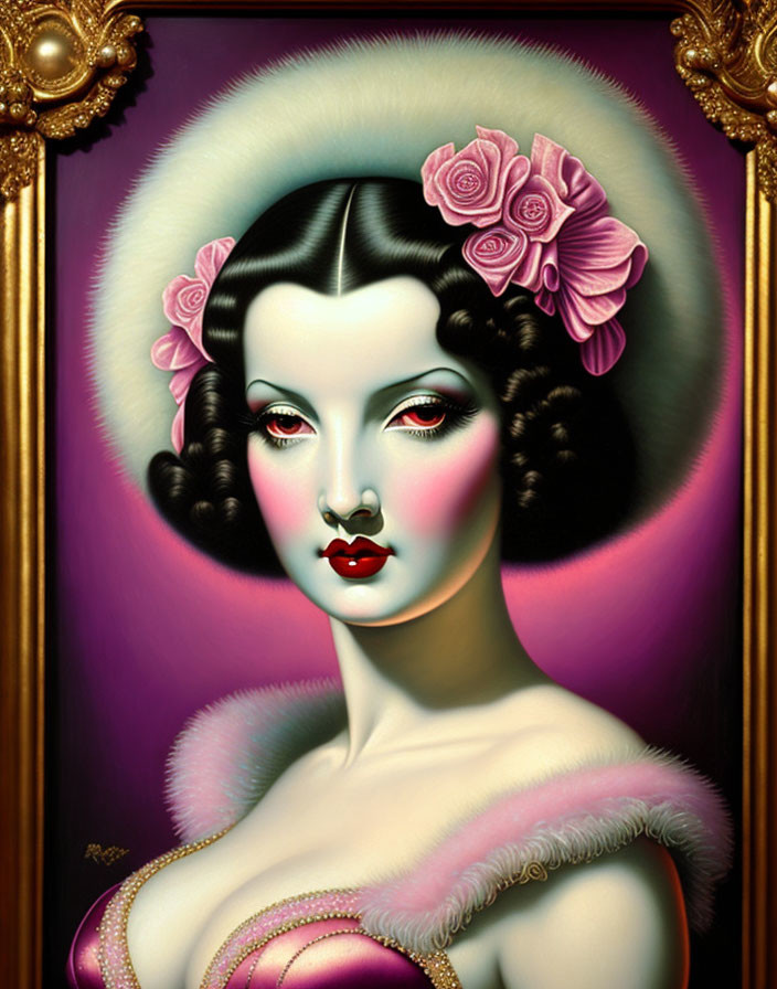 Stylized woman portrait with dark hair and red lips in golden frame