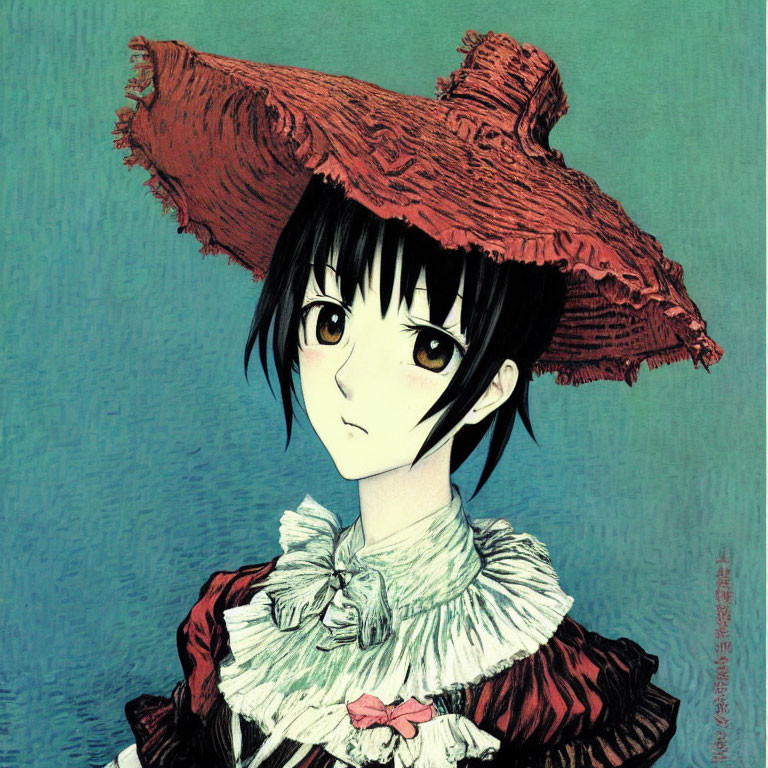 Illustrated girl with big eyes in red hat and frilly dress on blue background