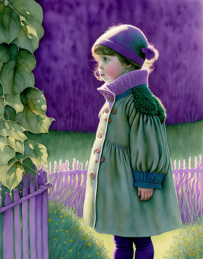 Child in Purple Coat and Hat by White Picket Fence