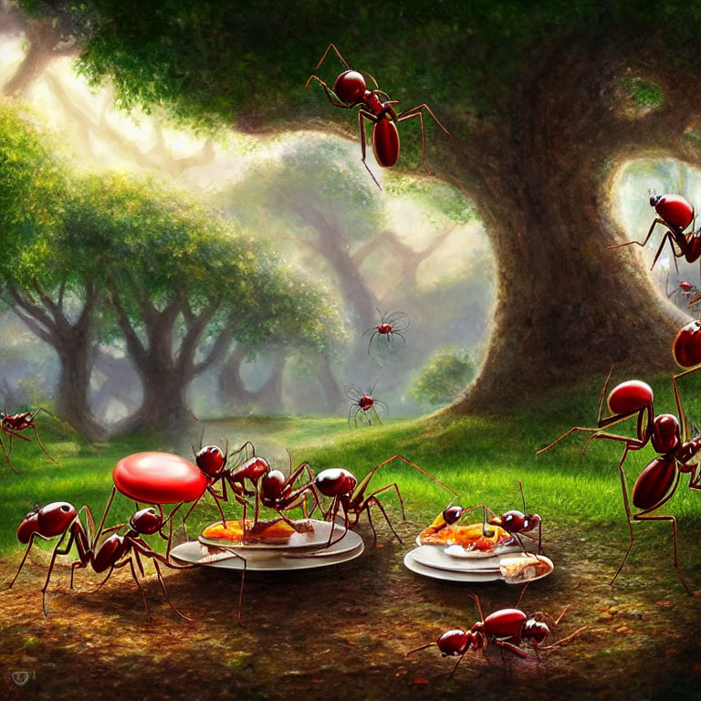 Illustration: Oversized ants at picnic in sunlit woodland