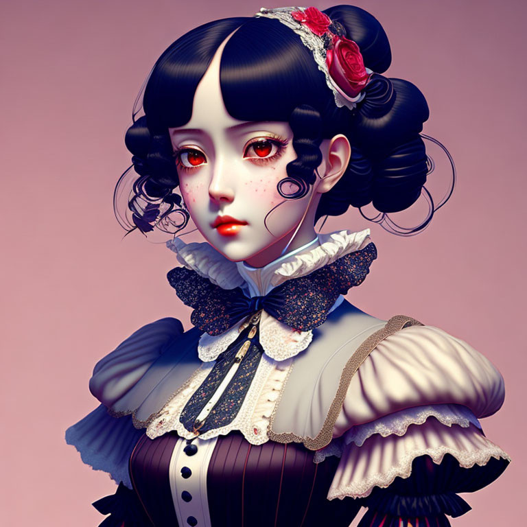 Stylized digital portrait of a girl with large eyes, dark hair in buns, red flower