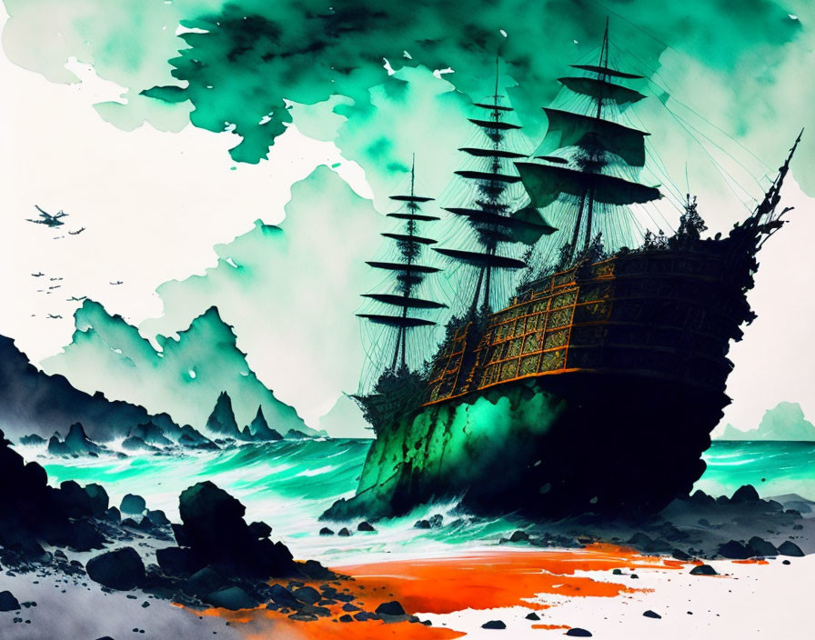 Illustration of large sailing ship on turbulent seas with surreal greenish sky and silhouetted mountains