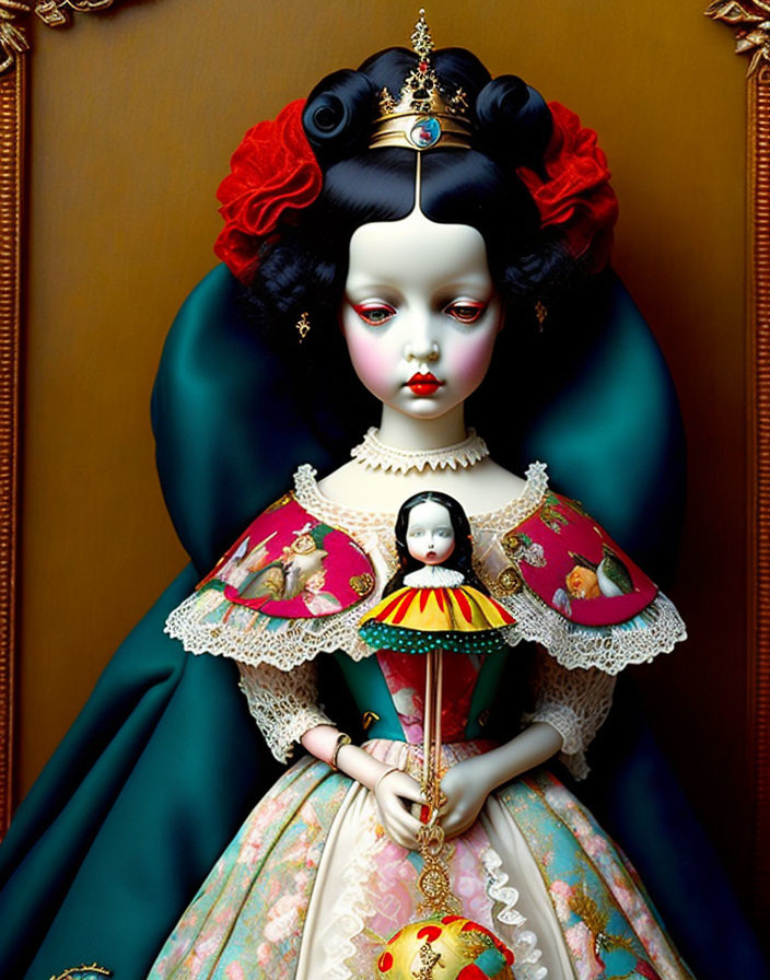 Colorful surreal portrait of doll-like figure with miniature version on dress