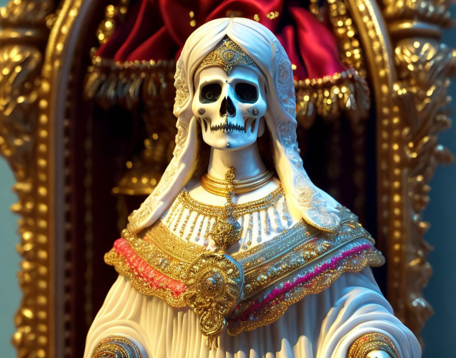 Skeleton in royal attire on ornate throne with red fabric