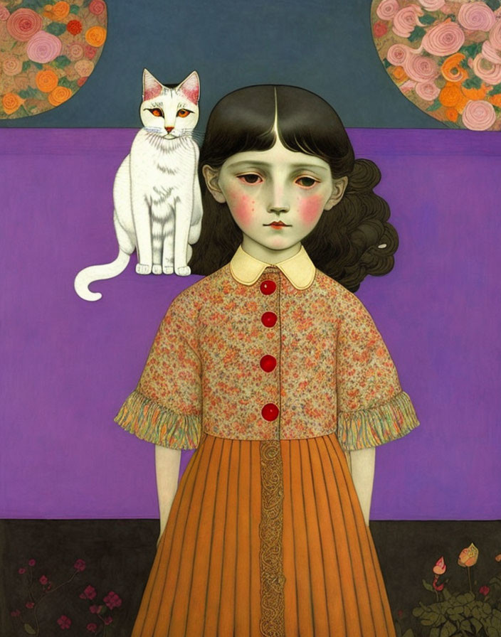 Solemn girl with white cat against floral background