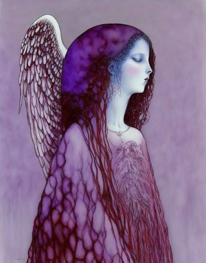 Ethereal winged female figure with purple hair in red lace garment on lavender backdrop