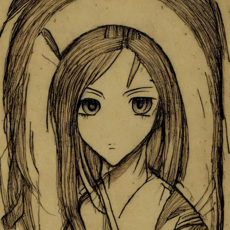 Sepia-toned sketch of a young female with large eyes and long hair