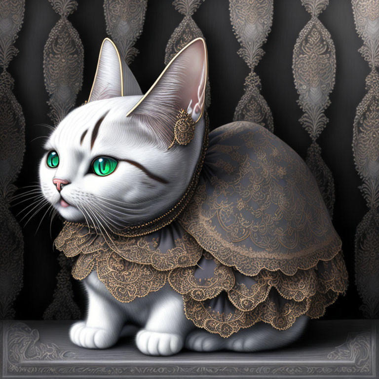 White Cat with Green Eyes Wearing Golden Jewelry and Lace Cape on Dark Background