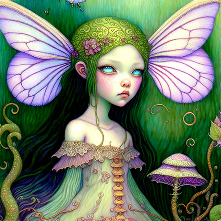 Fantasy creature illustration: Young girl with purple butterfly wings and floral hair adornments