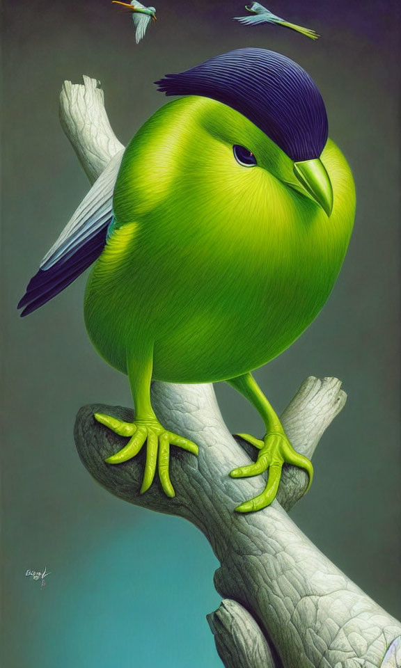 Colorful bird illustration with yellow-green plumage on grey branch