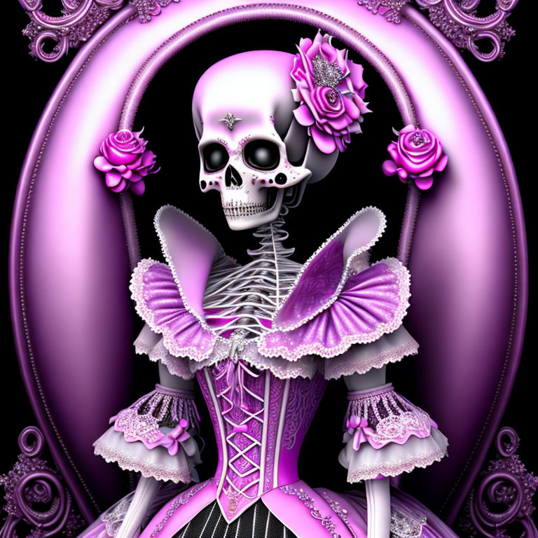 Skeleton Art: Decorated Skull with Roses in Purple Dress and Bow