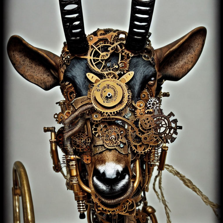 Steampunk-inspired goat head sculpture with mechanical gears and brass instruments.