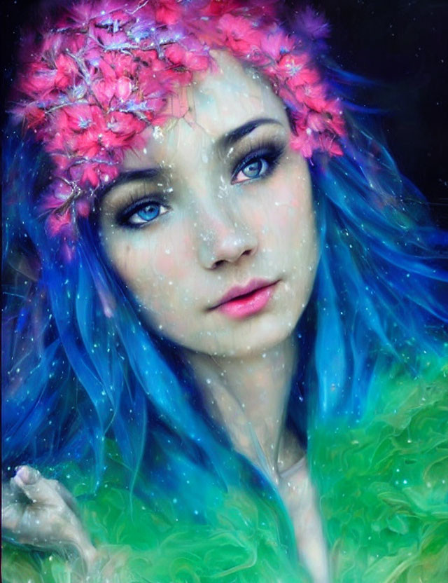 Portrait of woman with vibrant blue hair, flower crown, striking blue eyes, and green feathery