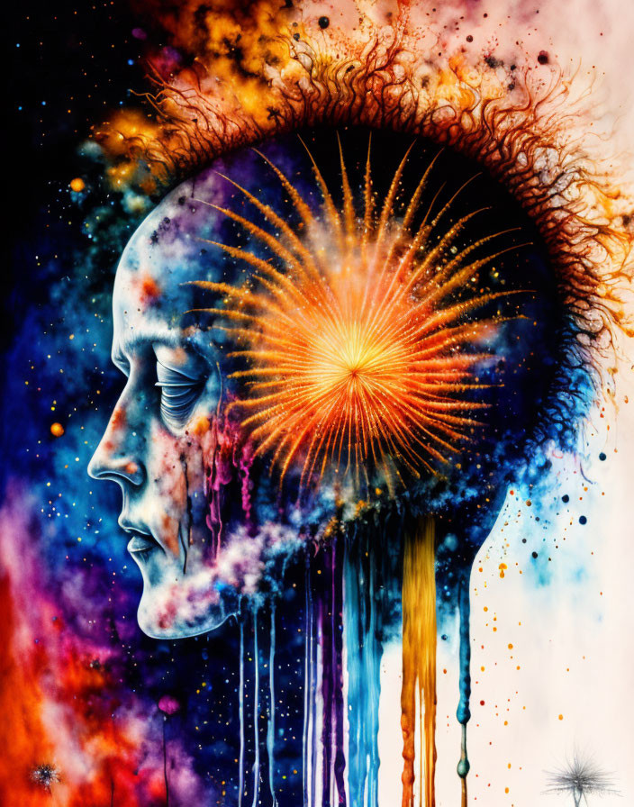 Colorful Profile View Illustration with Cosmic Explosion and Starry Universe