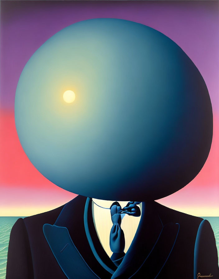 Surreal illustration of person with round blue head in suit at sunset