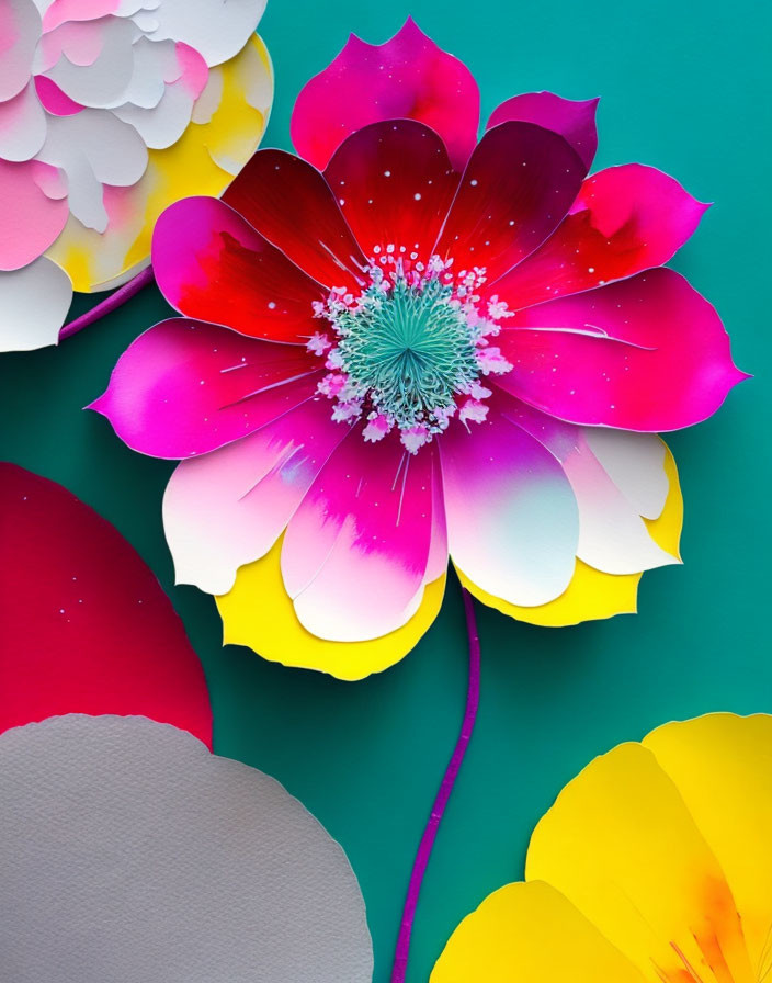 Layered Paper Flower Craft in Pink, Yellow, and White on Teal Background