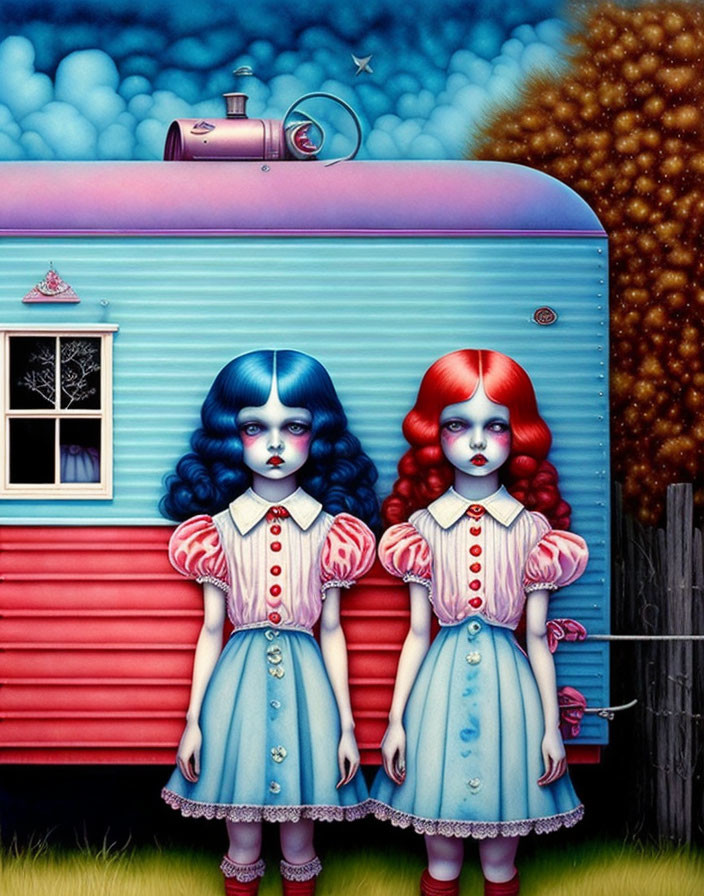 Stylized girls with blue and red hair by retro trailer under surreal sky