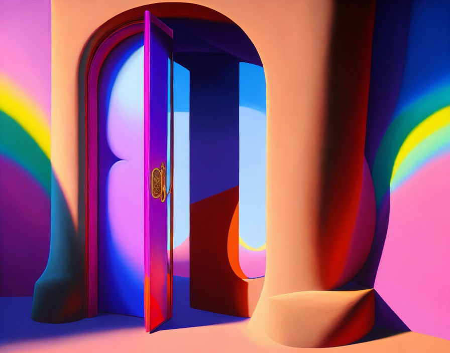 Colorful surreal image: Partially opened pink door in abstract environment with rainbow-like curves.