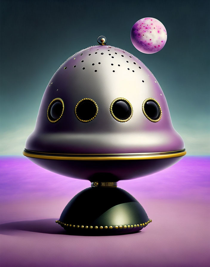 Colorful 3D illustration of a purple alien with multiple eyes and planet on gradient background