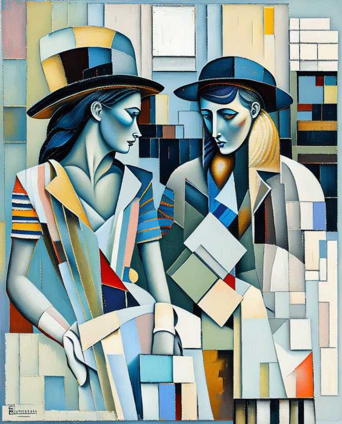 Stylized cubist figures in hats & striped attire, blue, tan, & white palette